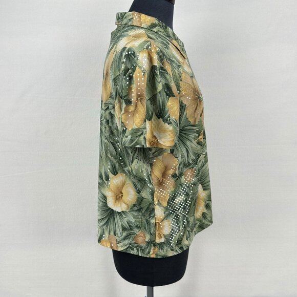 Selene Womens Medium Green Yellow Floral Button Front Hawaiian Shirt Top Blouse - Picture 5 of 8
